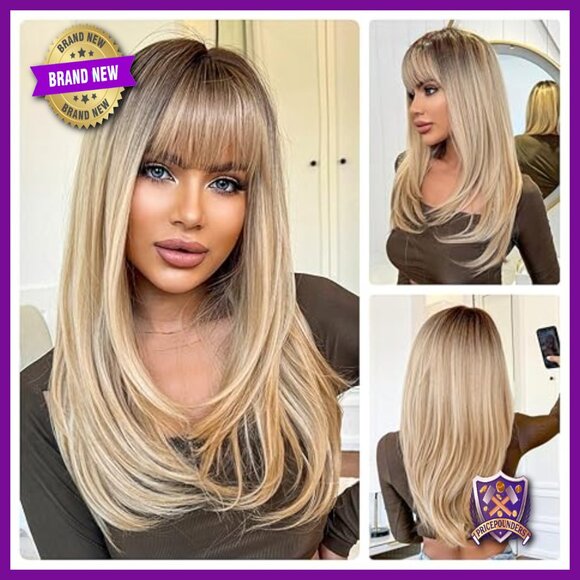Human Hair Wig Layered Straight with Bangs Glueless Lightweight Daily Wear Amazon.com : Layered Wig With Bang Wavy Light Straight Lace  main image 2